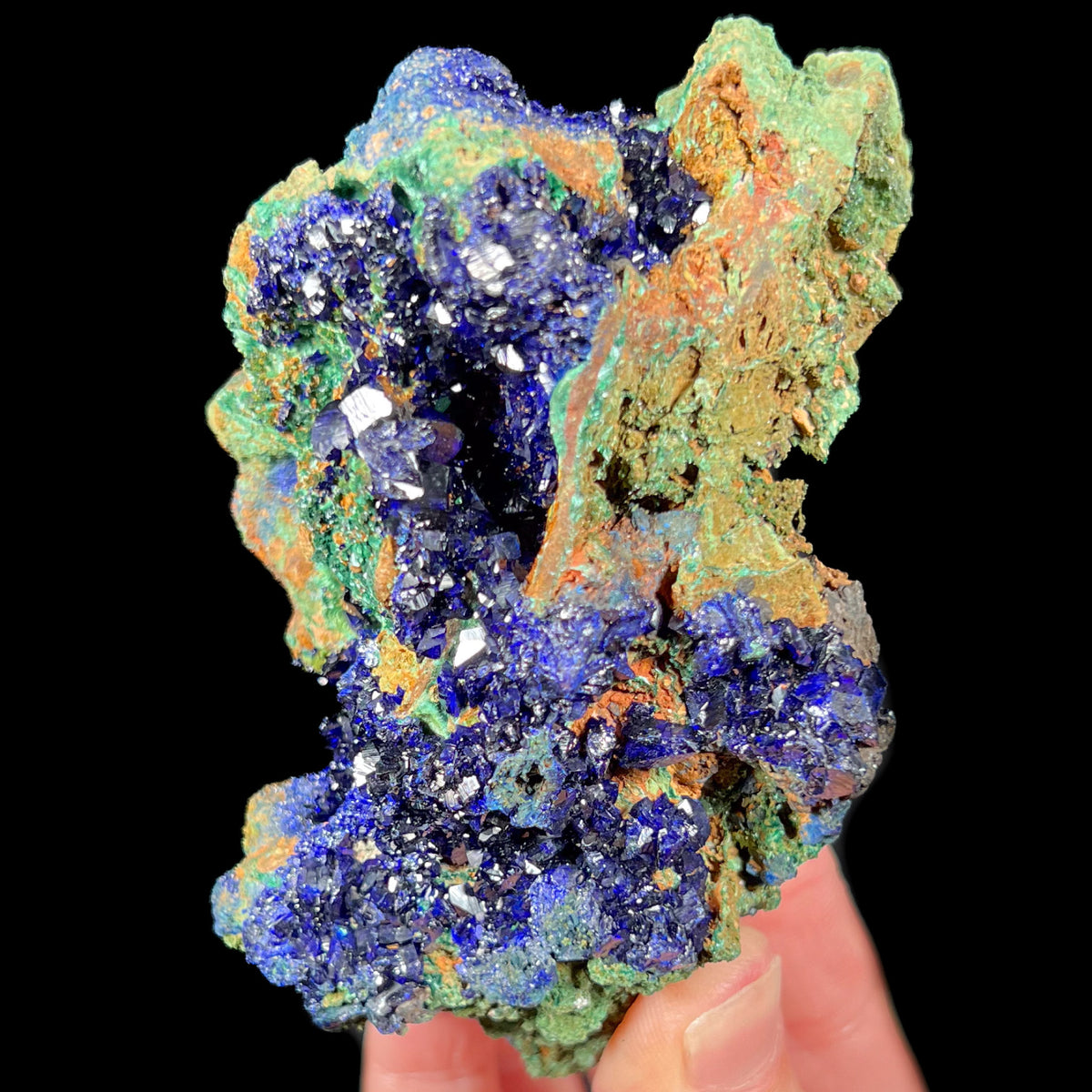 Azurite and Malachite Crystals on a mineral specimen