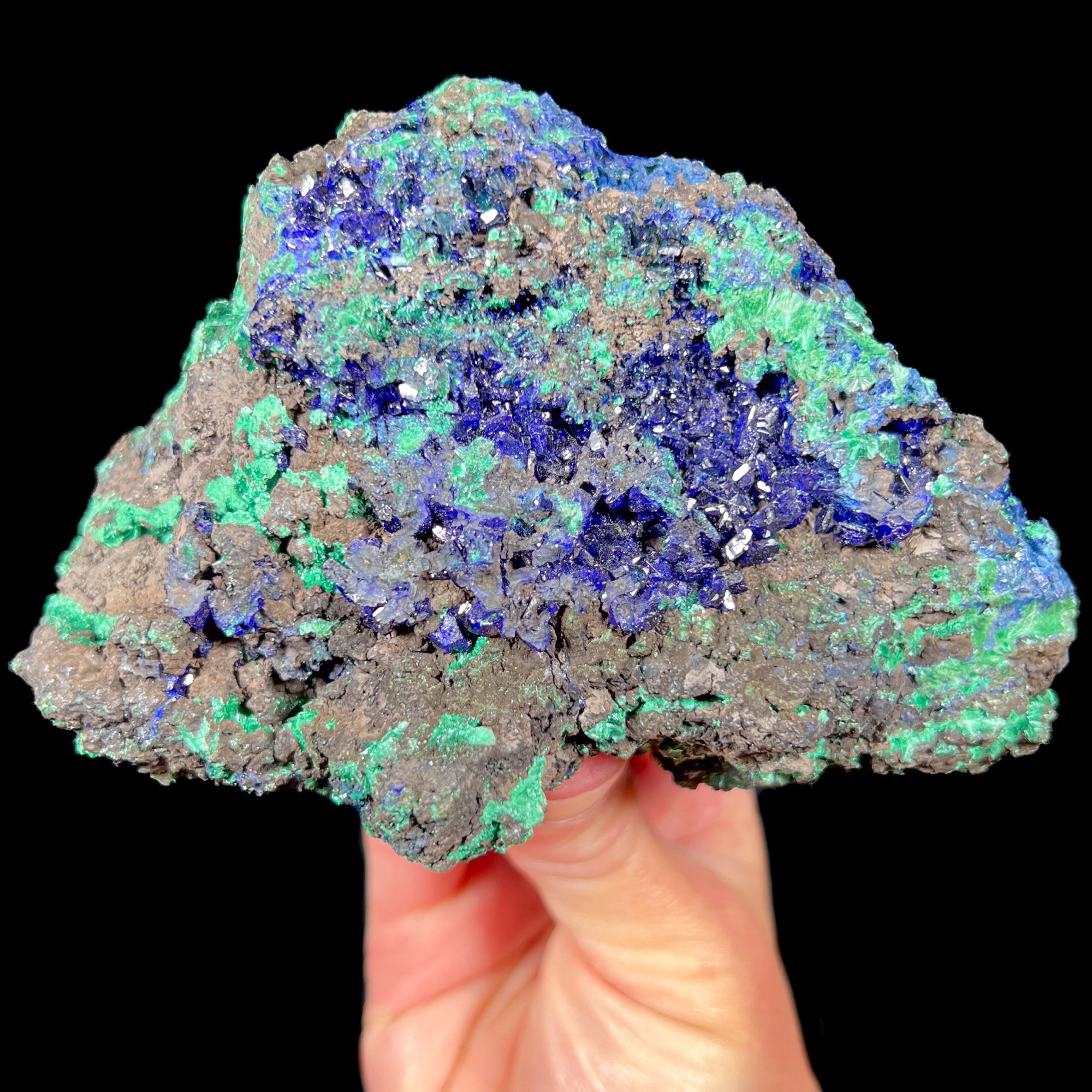 Large blue Azurite Crystals with Green Malachite Crystals Specimen