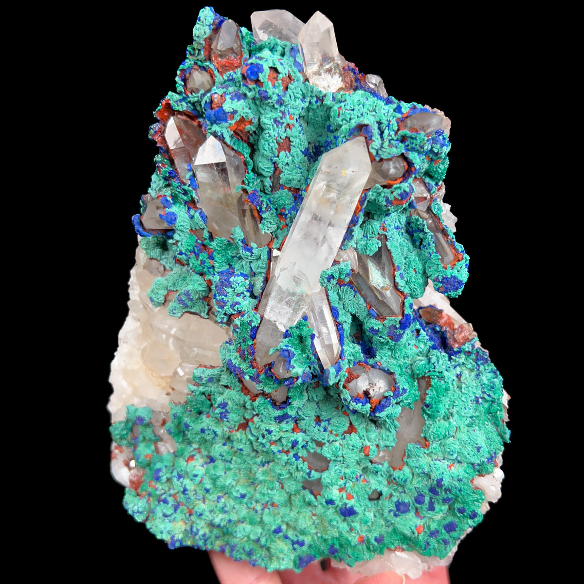 Clear Quartz Crystals with Azurite and Malachite from Alnif, Morocco