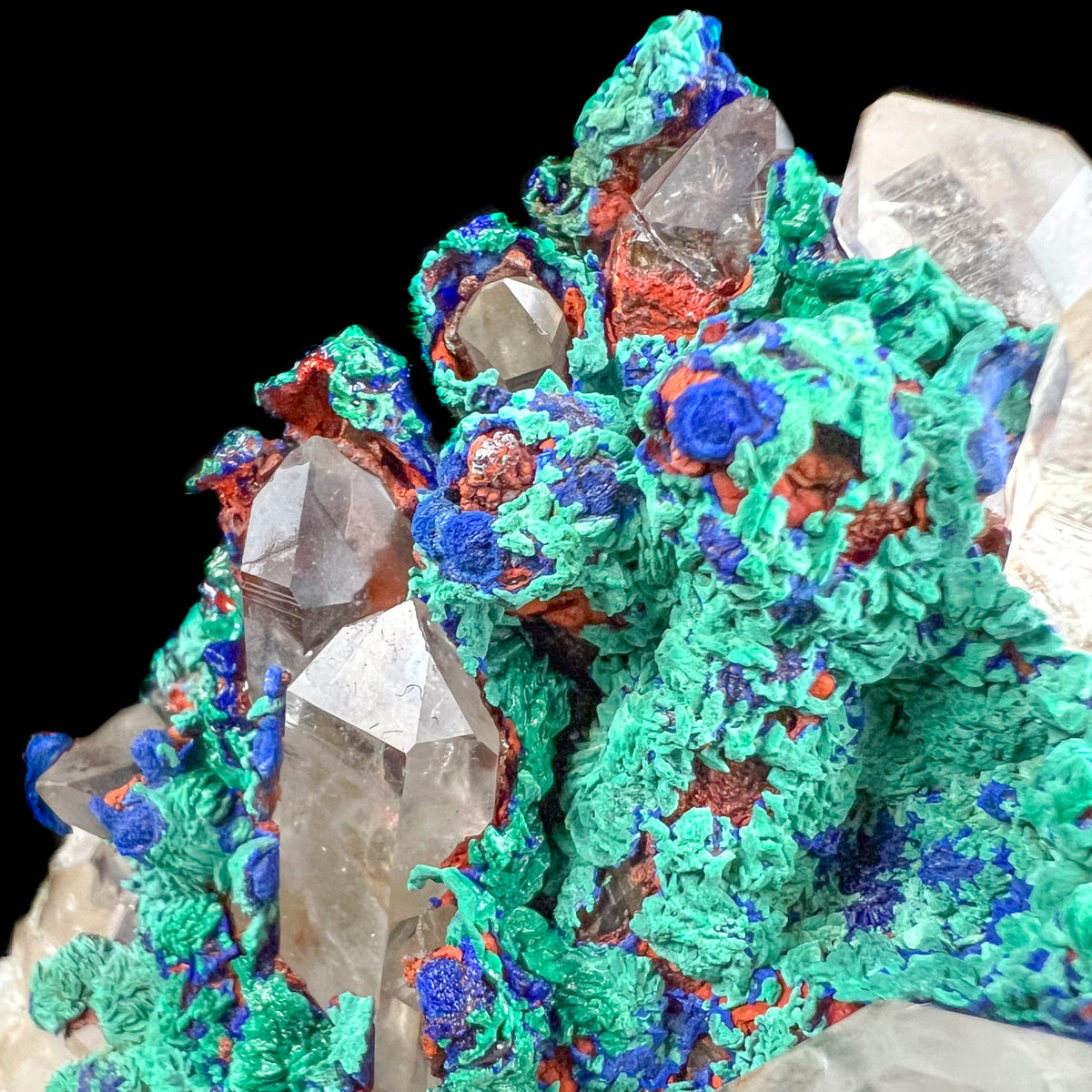 Close Up of Clear Quartz Crystals with Azurite and Malachite Mineralization on top