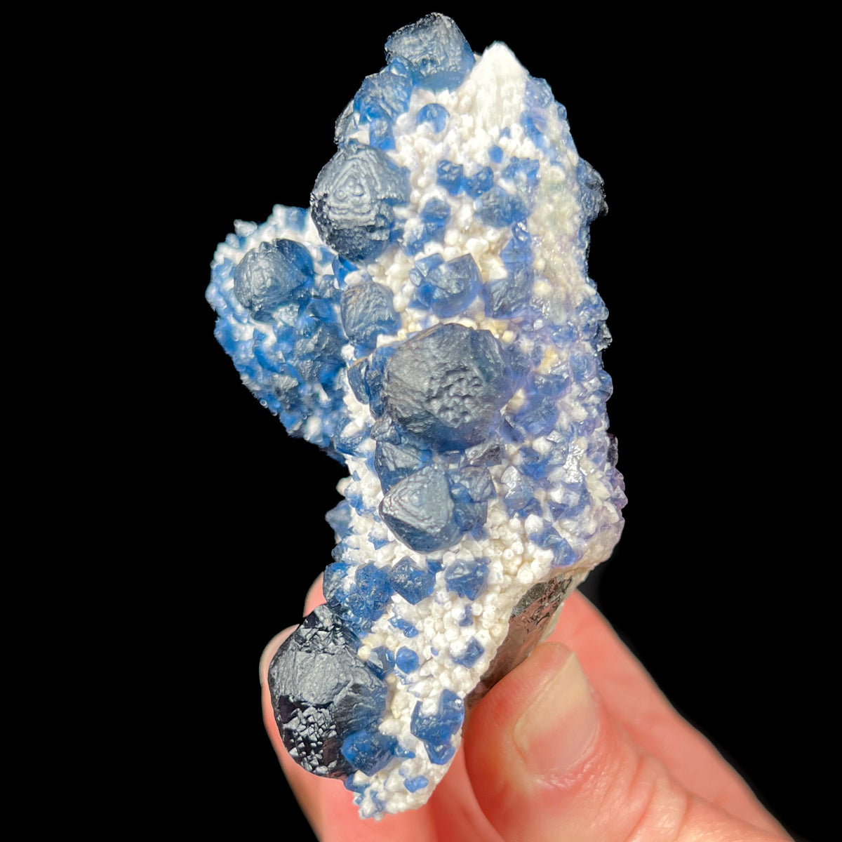 Blue Fluorite blueberries on white Quartz crystals