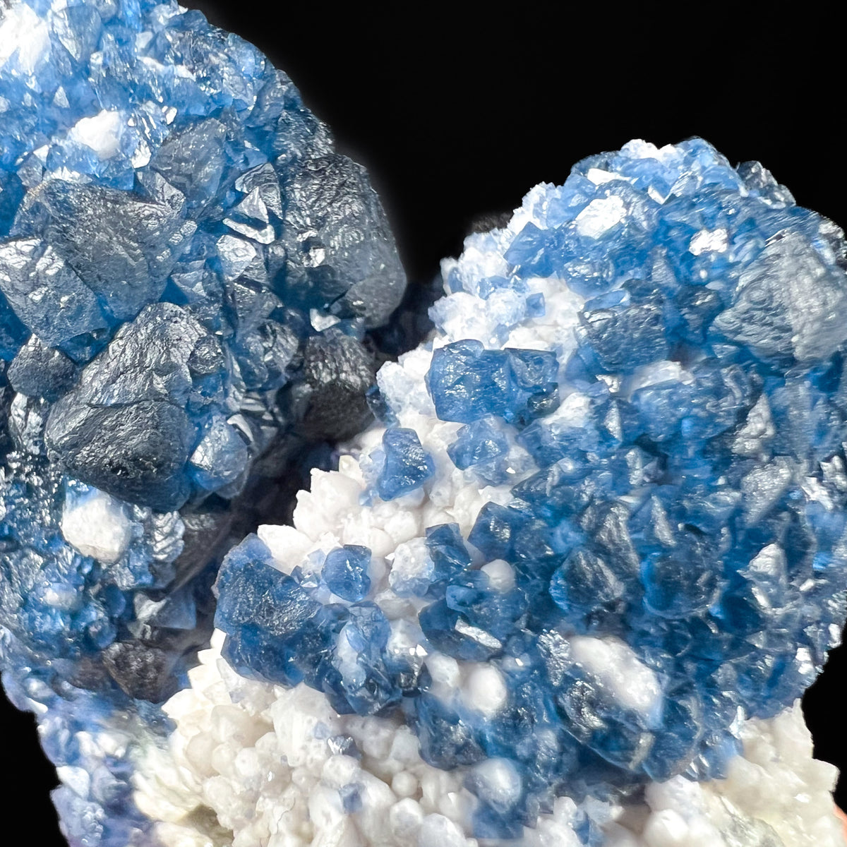 Close up of Blue Fluorite crystals with rhombododecahedron faces