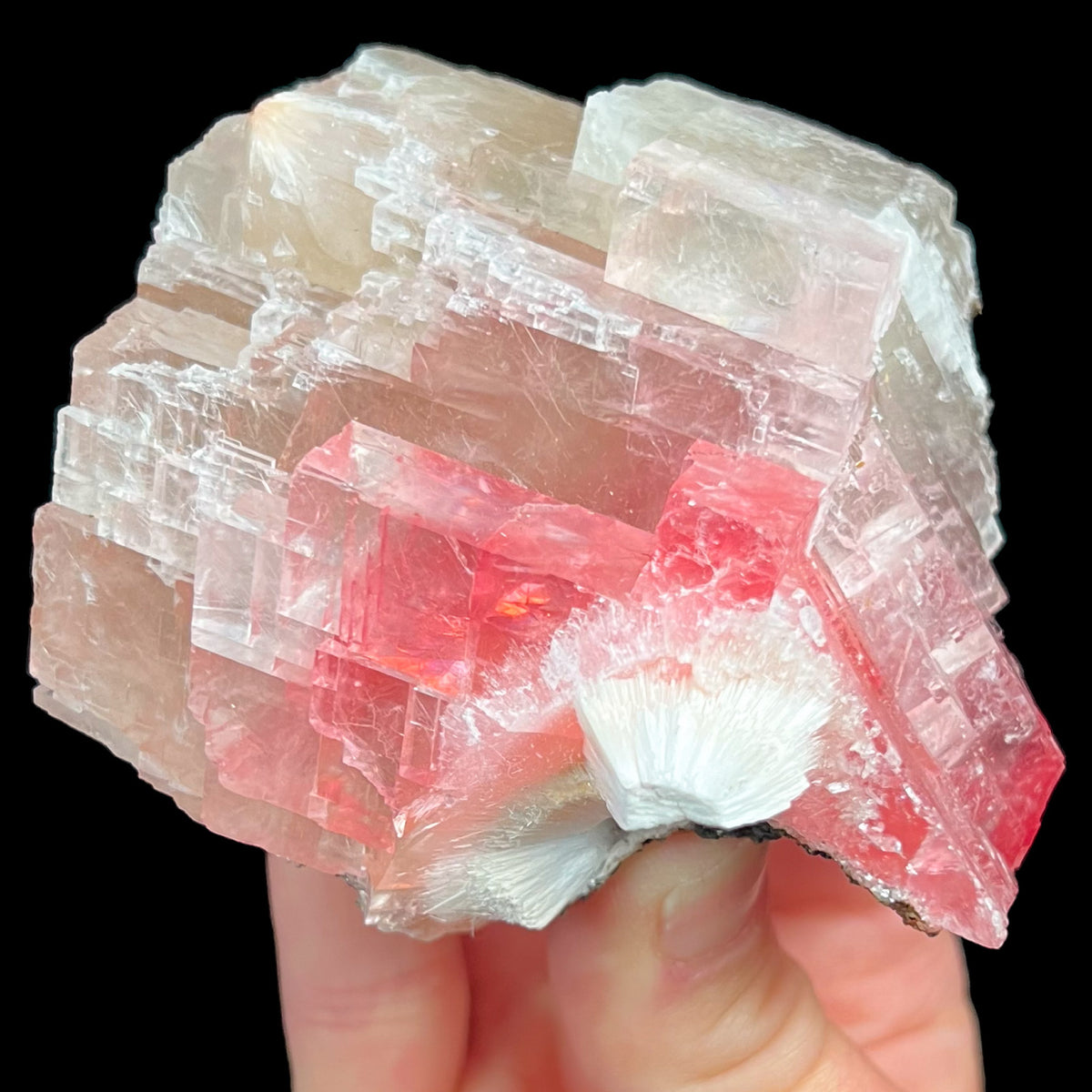 Raspberry Calcite with Mesolite Crystals from India