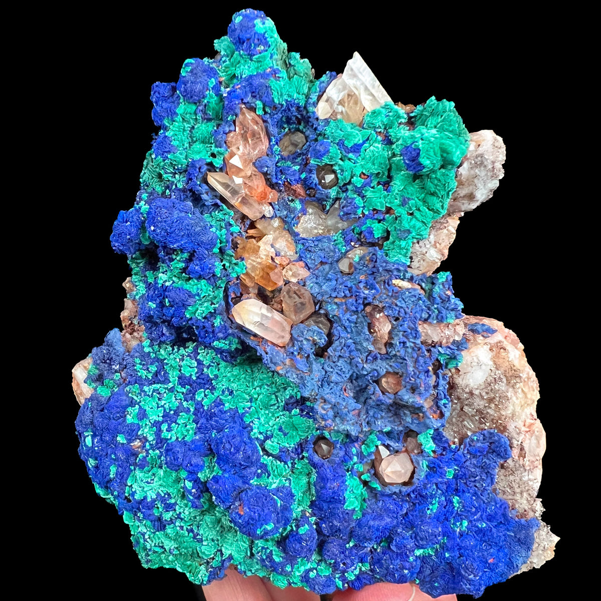 Large Mineral Specimen of Azurite and Malachite on Quartz Crystals