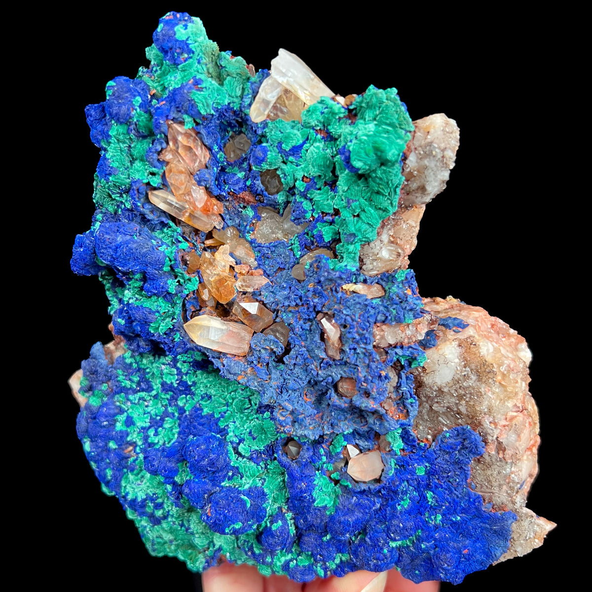 Azurite with Malachite on Quartz crystals