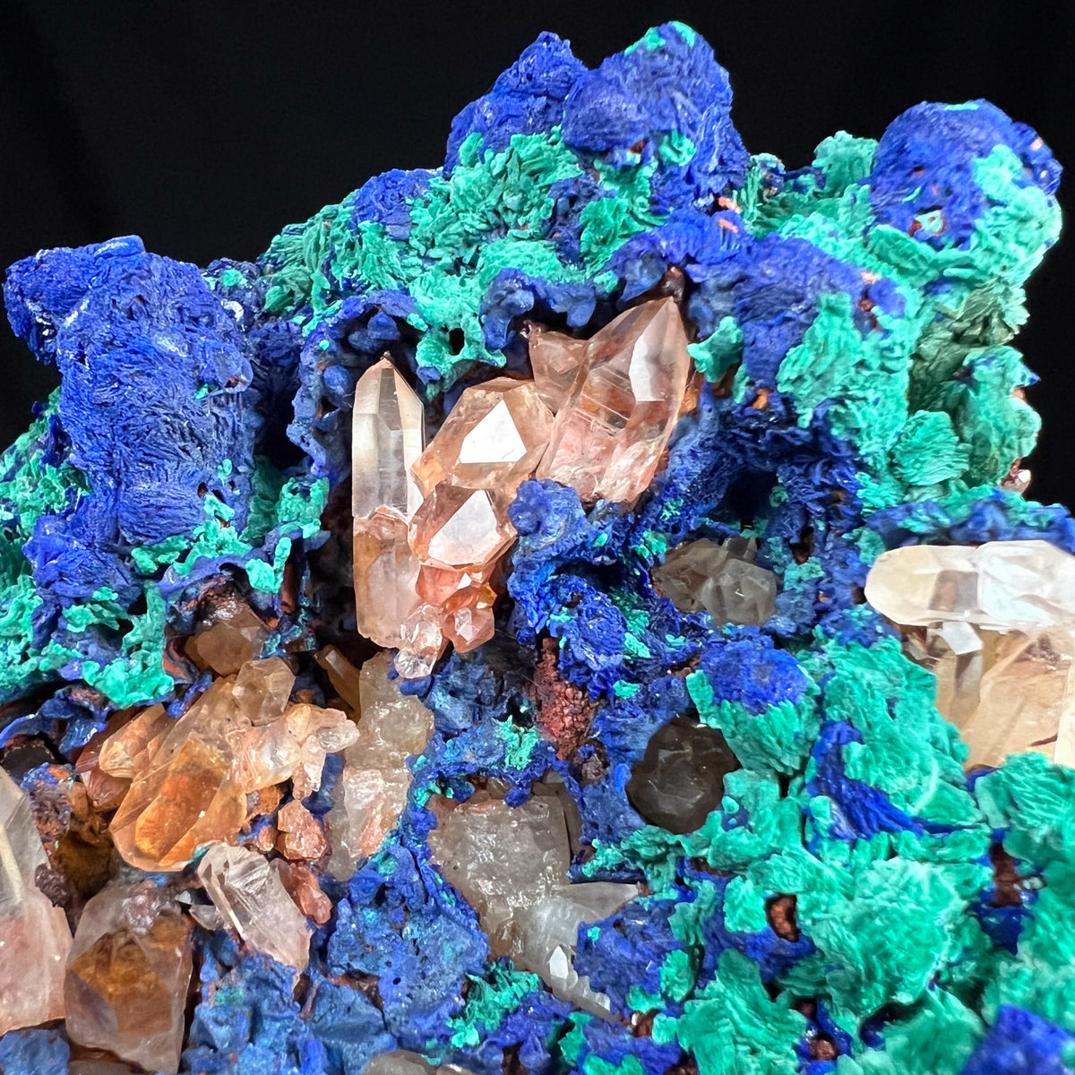 Close Up of Quartz Crystals Coated by Azurite and Malachite Mineralization