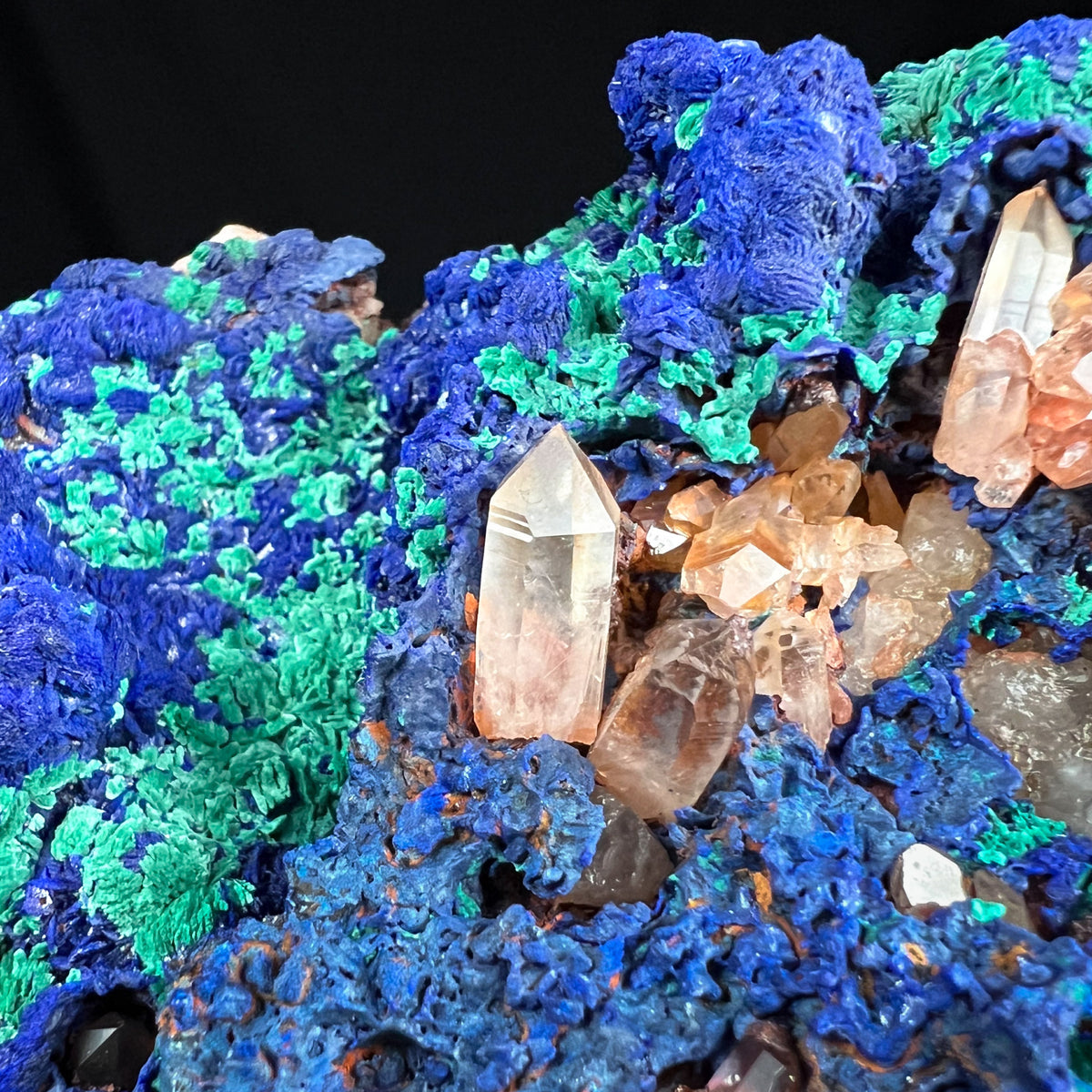 Close Up of Clear Quartz crystals with blue Azurite and green Malachite