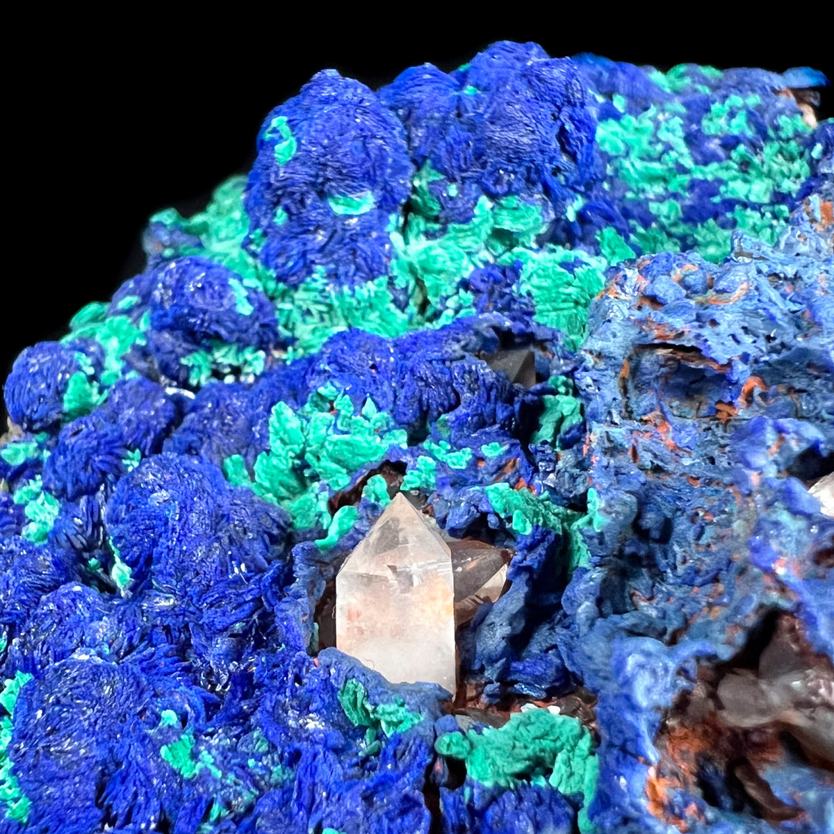 Close Up of Azurite and Malachite Surrounding Quartz Crystals
